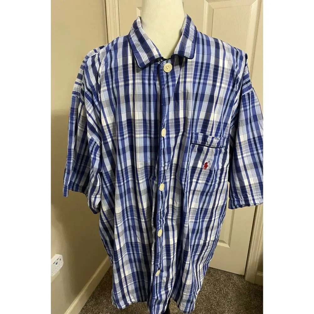 Ralph Lauren Blue Plaid Short Sleeve‎ Button-Down Shirt Casual Summer Size L